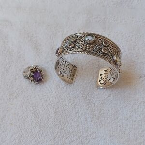 Intricate Silver and Purple Gemstone Bracelet and ring